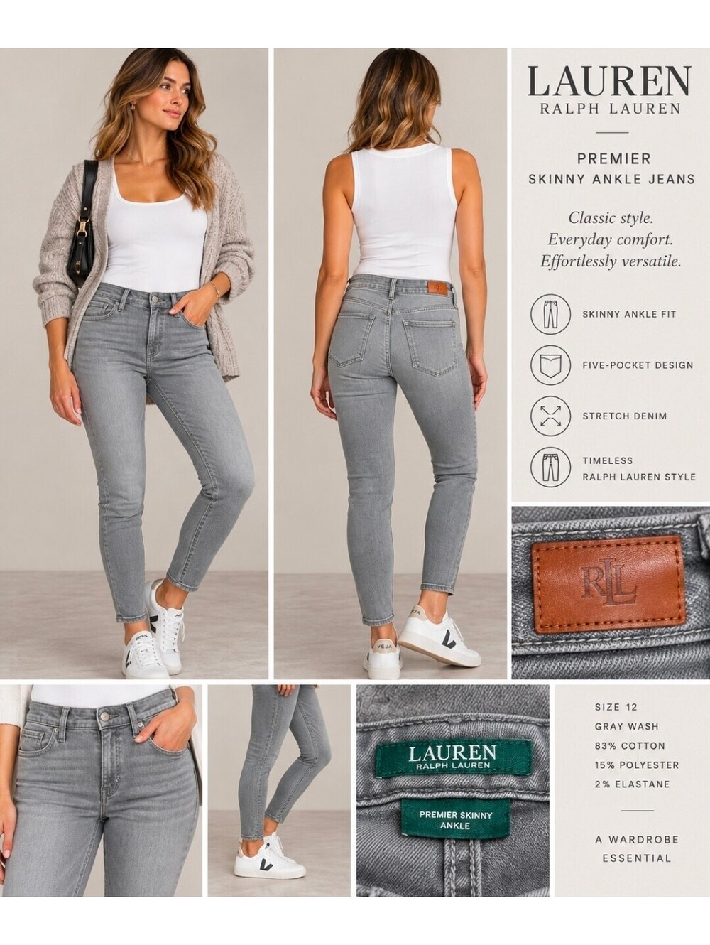 Lauren Ralph Lauren Premier Skinny Ankle Jeans Women’s 12 Gray Stretch Denim
